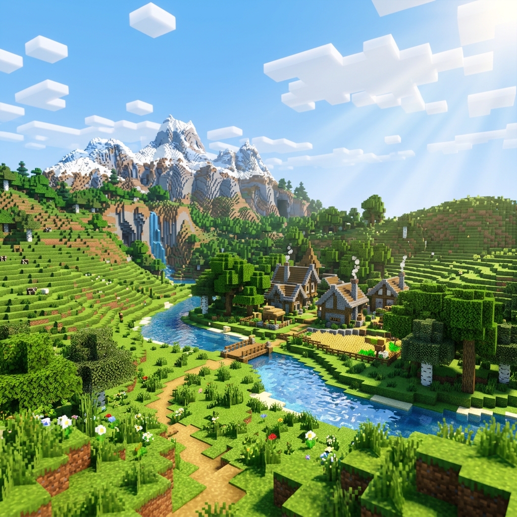 川と山々に囲まれたMinecraftのワールド